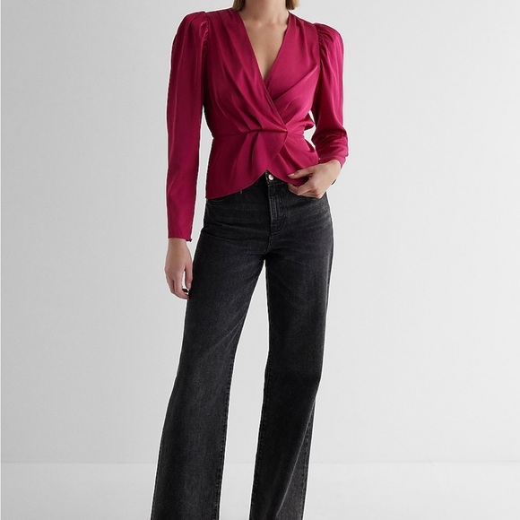 NWT Express Pink Satin Puff Shoulder Draped Faux Wrap Top - Picture 3 of 9